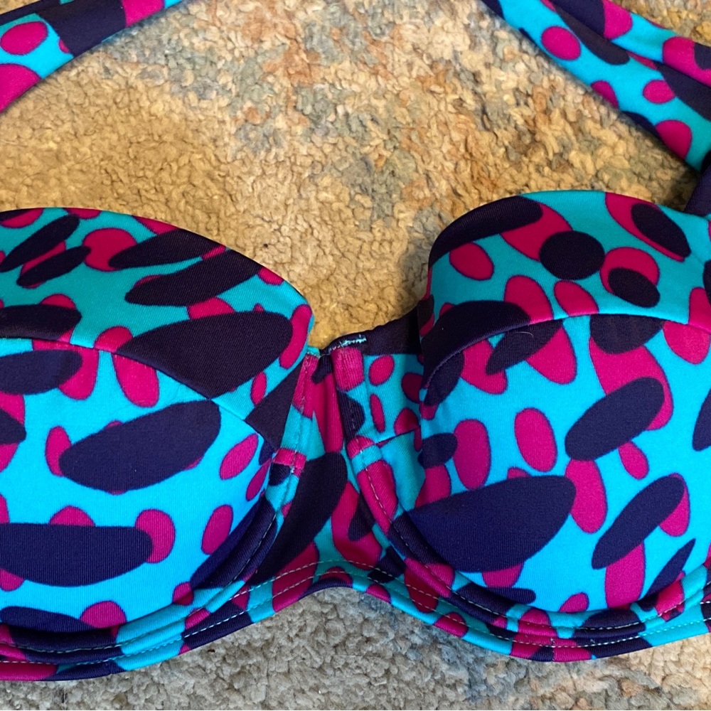 VS Bikini Set Halter Top Padded Push Up 34A Full Bottom M Navy Aqua Pink Spots - Picture 3 of 8